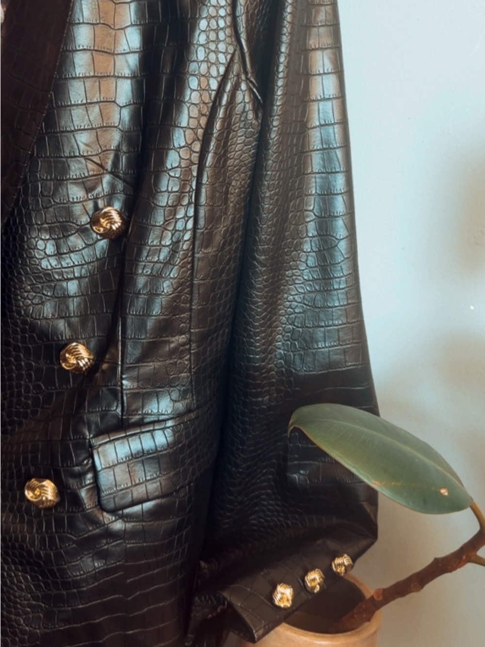 Black Croc-Embossed Vegan Leather Double-Breasted Blazer | M